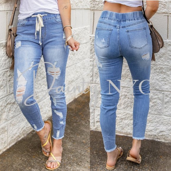 Drawstring Elastic Waist Distressed Ripped Jeans - Picture 2 of 10